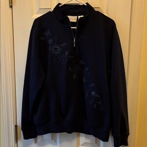 Alfred Dunner Navy Quarter-Zip Sweater with Floral Stitching
